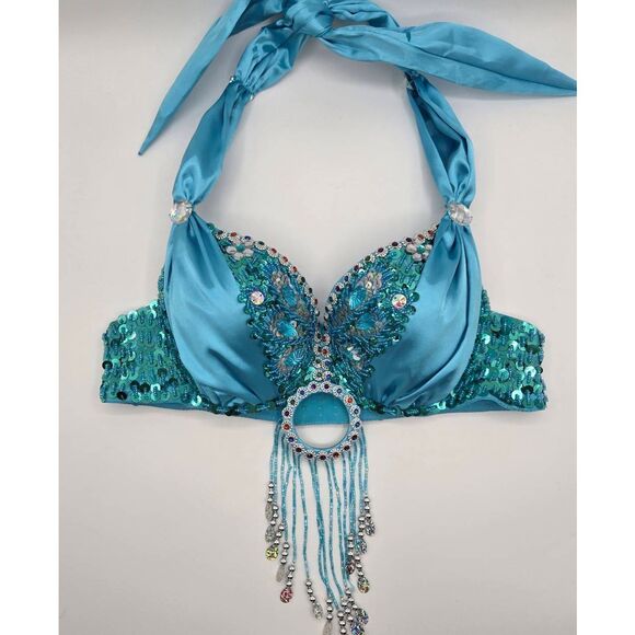 Belly Fancy Bra Blue Sequins Tassle Rhinestone Size 34 - Picture 1 of 8